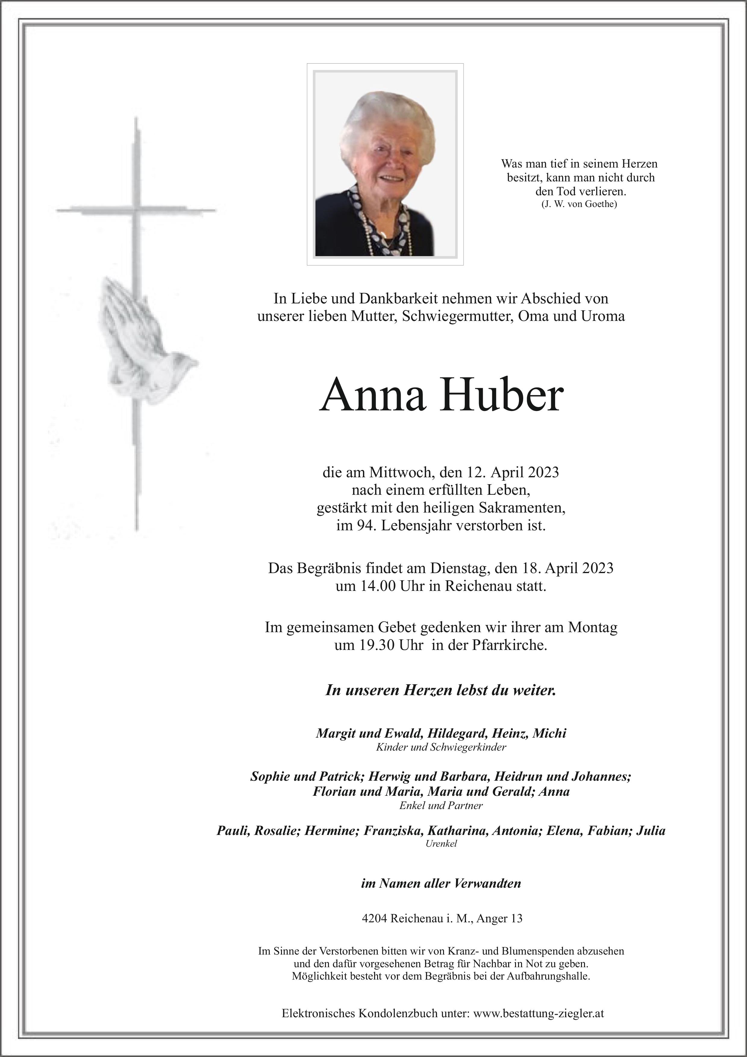 Anna Huber • Bestattung Ziegler